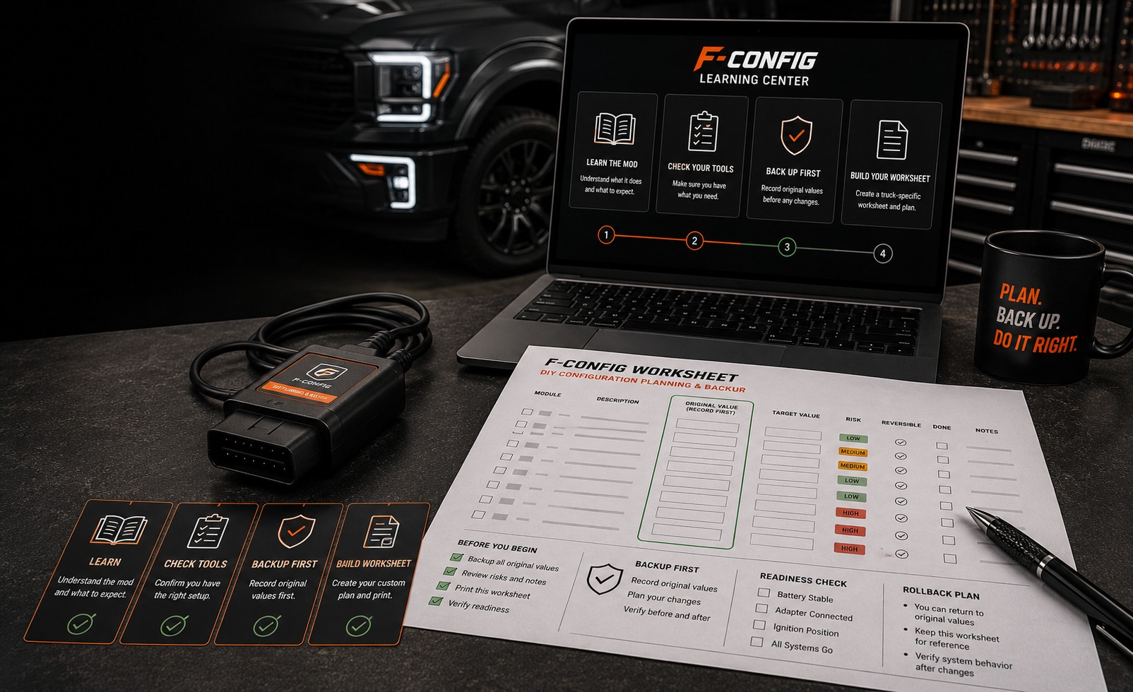 F-Config learning center setup with laptop, OBD-II adapter, worksheet, and checklist