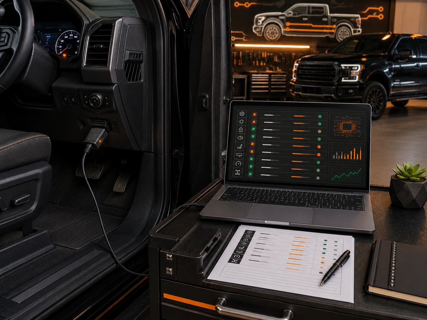 Laptop, OBD-II adapter, and worksheet set up on a workbench before a FORScan session