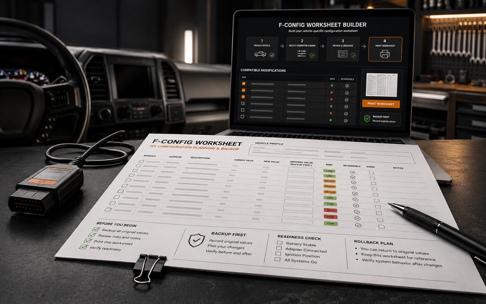 F-Config worksheet builder with laptop, printed worksheet, OBD-II adapter, and backup checklist